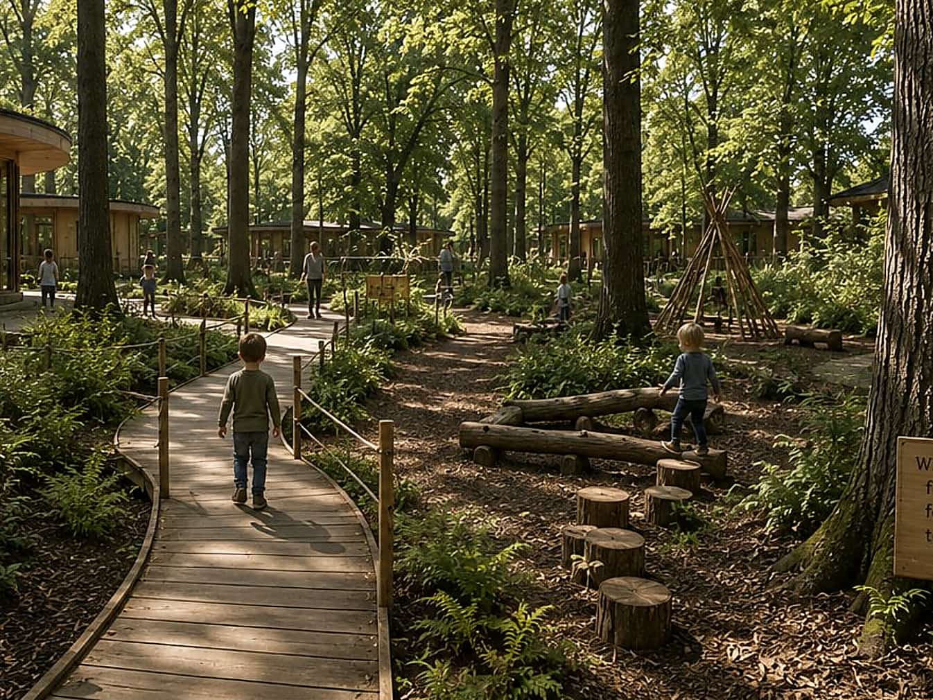 Children exploring a sunlit woodland nursery at Blue Nest Montessori Northwood, with timber forest classroom buildings, a teepee, log balance trail and signposts to Nature Station, Forest Classroom and Garden