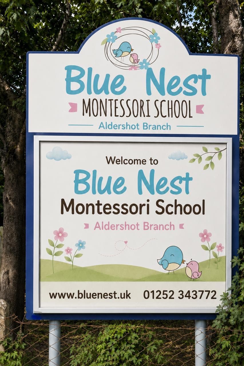 The Blue Nest Montessori School Aldershot branch sign on Belle Vue Road