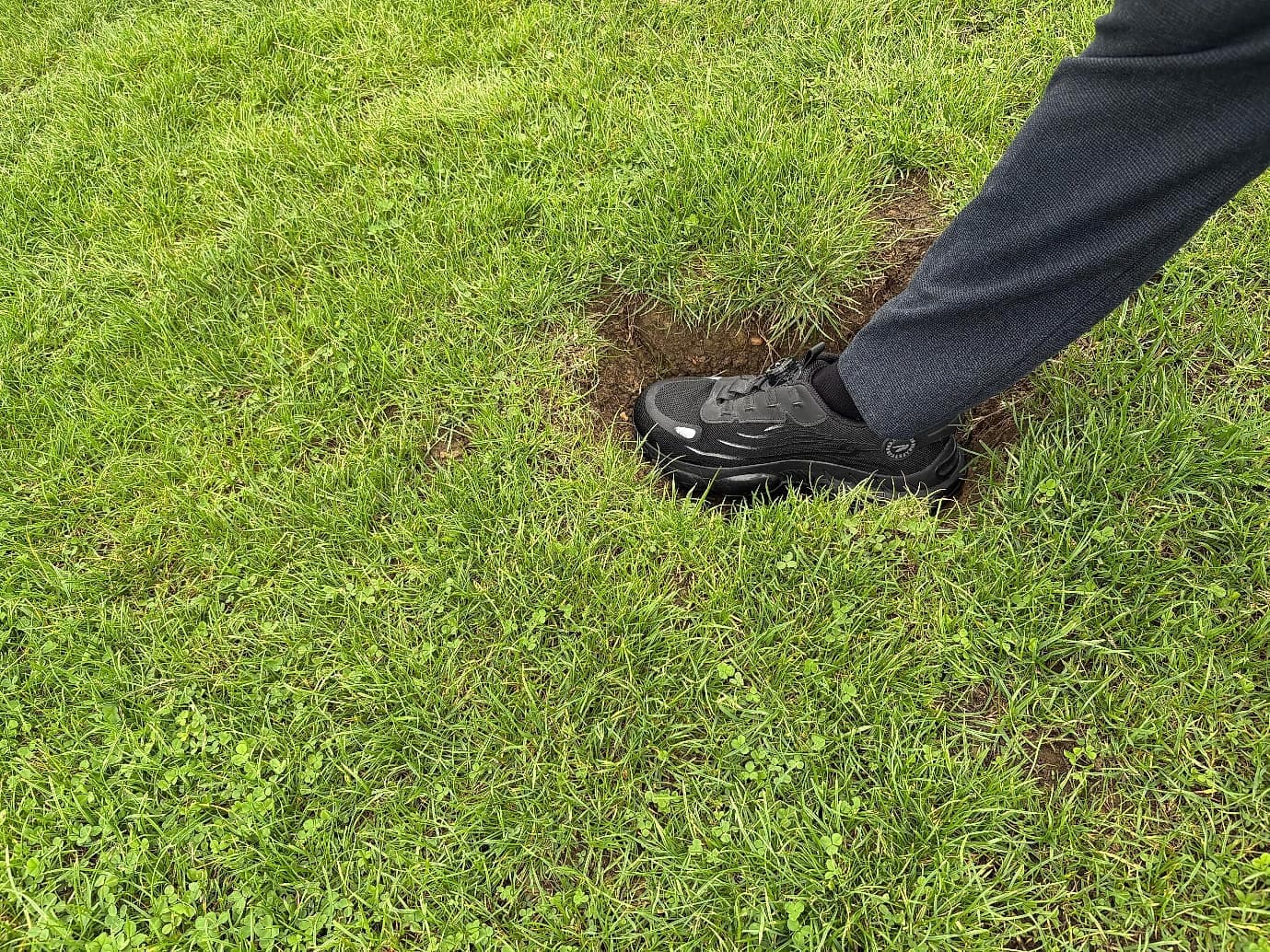 Levelling fresh soil into a hole in the grass